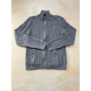 Lauren Ralph Lauren Grey Cable Knit Full Zip Cardigan Sweater XL Gold Hardware